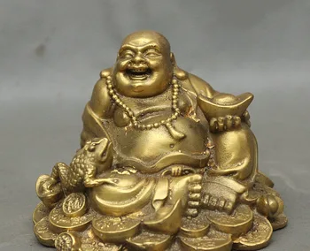 

Chinese Brass Wealth Golden Toad Spittor Happy Laughing Maitreya Buddha Statue