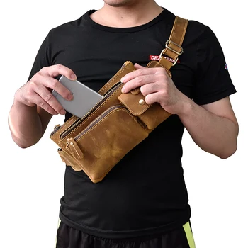 

Men's Vintage Crazy Horse Leather Messenger Bag Thick Cowhide Waist Bag Functional Leather Shoulder Bag 3 Layer Casual Bag