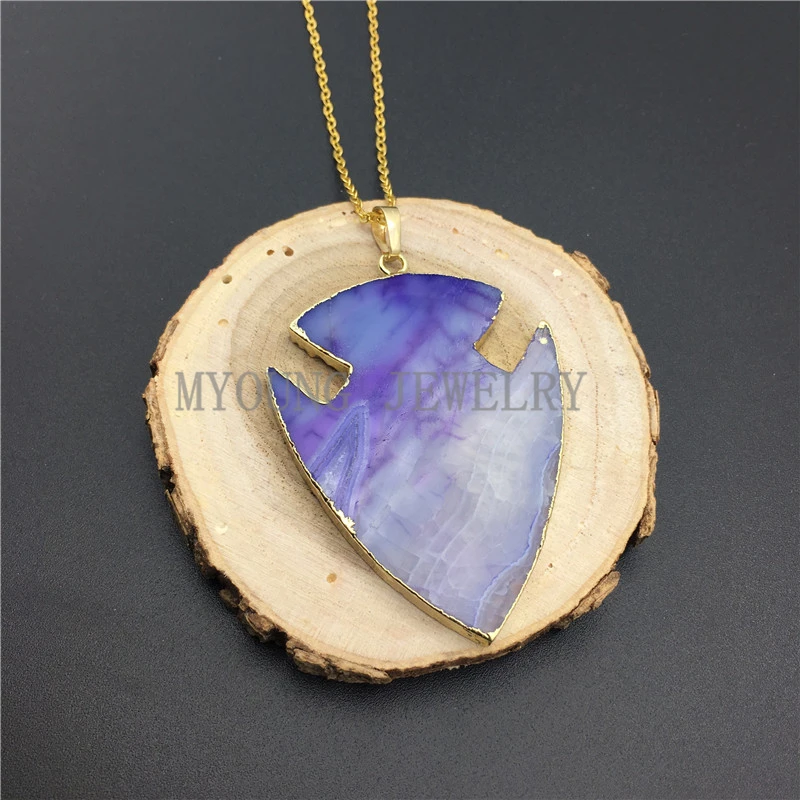 MY0887 Big Blue Arrowhead Agates Pendant Necklace,Fish Shape Dragon Necklace with Pure Gold Color Chain (1)
