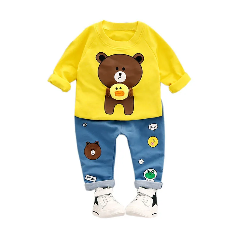 Демисезонный для мальчиков Комплекты одежды с персонажами из мультфильмов для девочек; детская одежда с набивным футболки с изображением медведя джинсы 2 шт./компл. одежда для малышей спортивные костюмы для младенцев