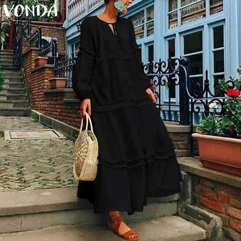 Bohemian Maxi Maternity Dress VONDA Autumn Sexy Casual Pregnancy Vestidos Lantern Sleeve V Neck Hollow Out Party Dresses