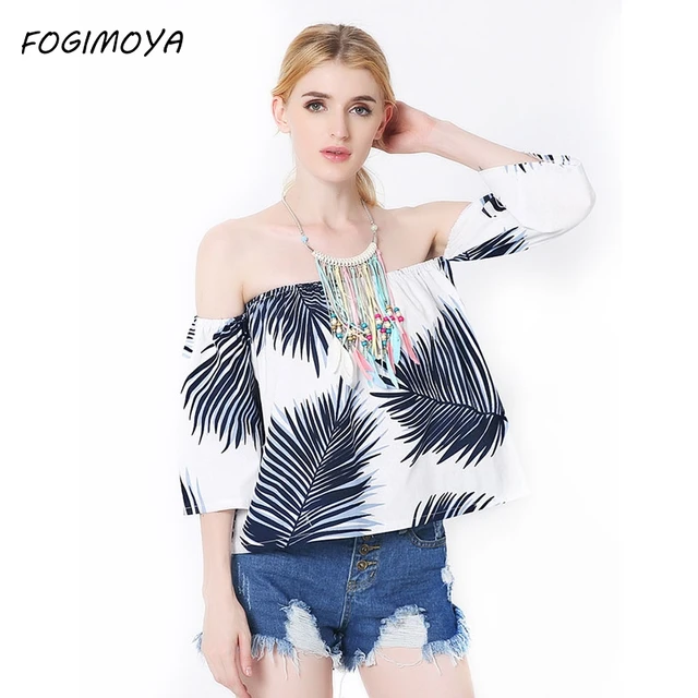 FOGIMOYA Топ Женский 2017 Летняя Модная Блузка Женская Короткие Топы с Обнаженными Плечами Летние Топики Короткие Футболки Лето кроп топ С разрезом на спине Топы Женские Блузки Широкий Топ с Разными цветами