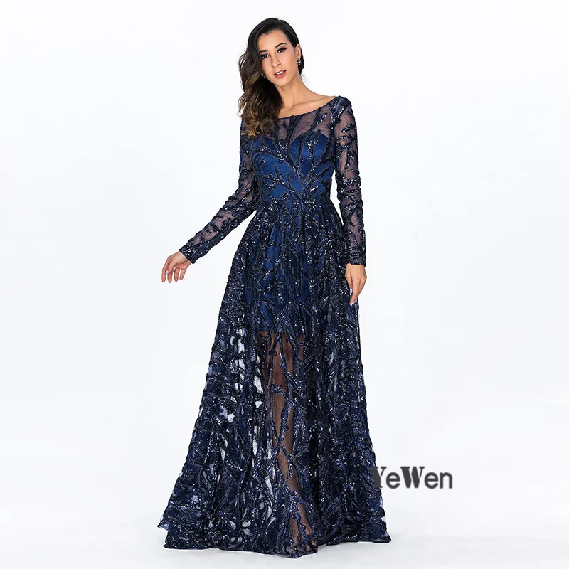 Royal Blue O-Neck Lace Dubai Evening Dresses Long Sleeves Sequin Luxury Party Prom Gown Floor-Length robe de soiree YW100156 Royal Blue O-Neck Lace Dubai Evening Dresses Long Sleeves Sequin Luxury Party Prom Gown Floor-Length robe de soiree YW100156