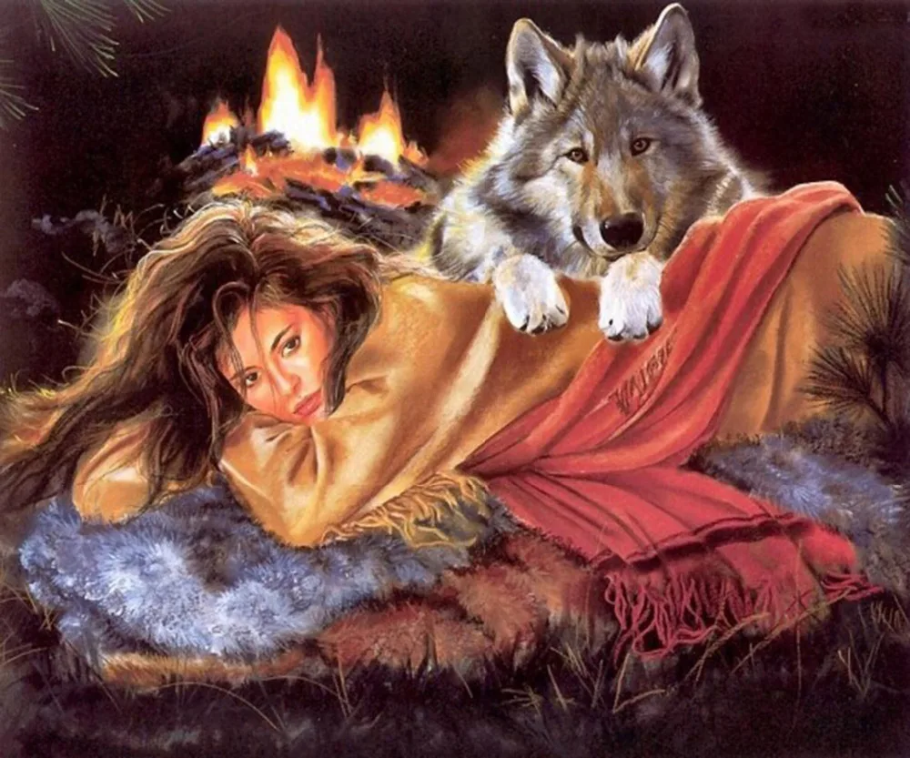 

DIY 5D Full Diamonds Embroidery wolf with girl Square Diamond Painting Cross Stitch Kits Diamond Mosaic Home Decoration
