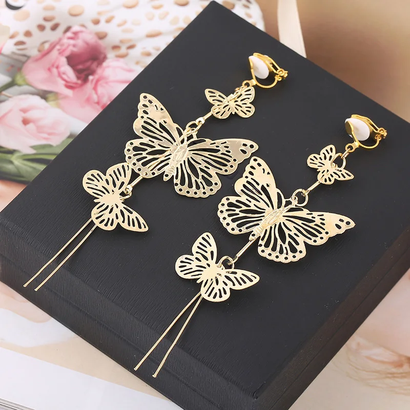 Ear Clip Earrings Clip Earrings Ear Clip Grace Jun New Design 3 Butterfly Shape Tassel Clip on Earrings Wihtout Piercing for Women Fashion Luxury Big Statement Earrings