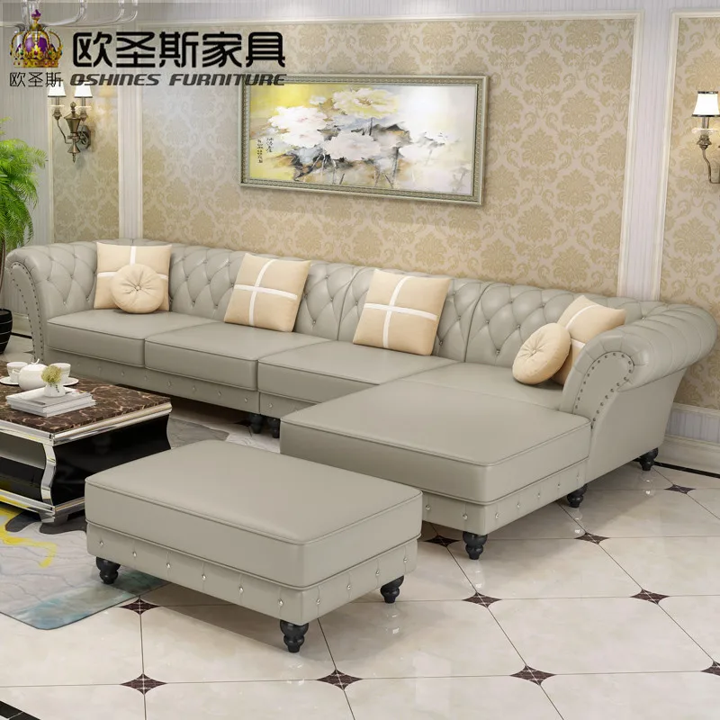 factory wholesale champagne l shaped corner sectional royal classical italian genuine leather sofa set with ottoman chair W38L