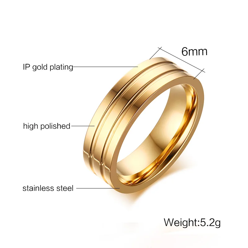Meaeguet 6 мм женские мужские кольца из нержавеющей стали золотистого цвета полированные Свадебные кольца с двойным канавком ювелирные изделия