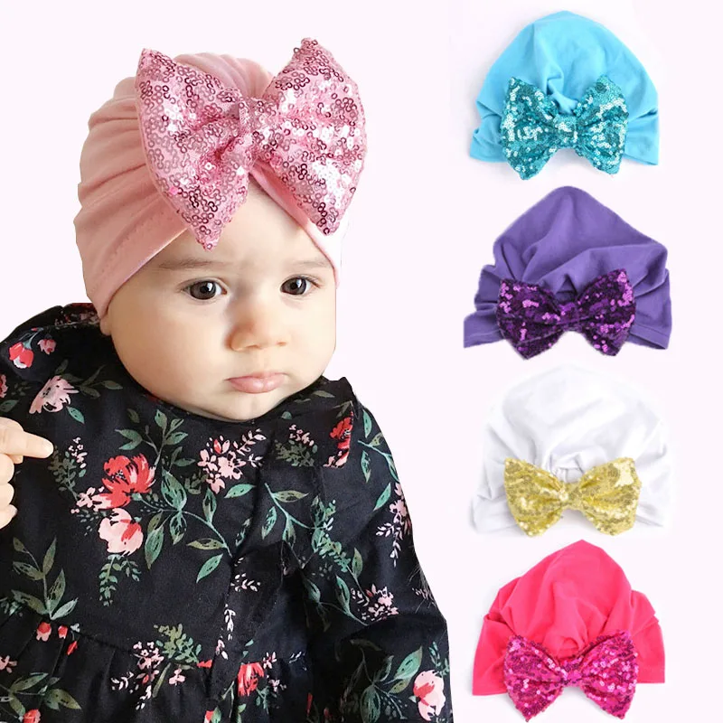Sequin big bowknot baby skull beanies caps for babies hat for baby girl
