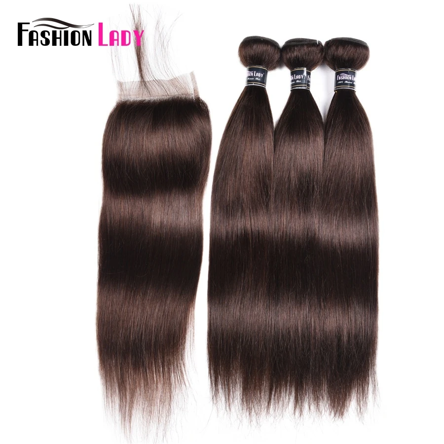 

Fashion Lady Pre-Colored 3 Bundles With Lace Clousre 2# Natural Brown Color Brazilian Straight Human Hair Products Non-Remy Hair