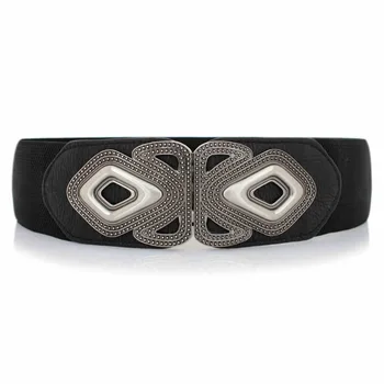 

fall winter fashion women elastic metal buckle patchwork dress waist belt , woman pu leather stretch black waistband belts