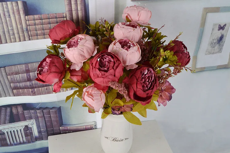 Flone European Artificial Peony Flower Bouquet Simulation Silk Flower Fake Peony Wedding Home Party Decor Arrangement Floral (19)