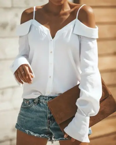 

Fashion Summer Women Sexy Spaghetti Strap V Neck Long Sleeve Blouses Woman Shirt Casual Blouse Loose Tops Streetwear Solid Color