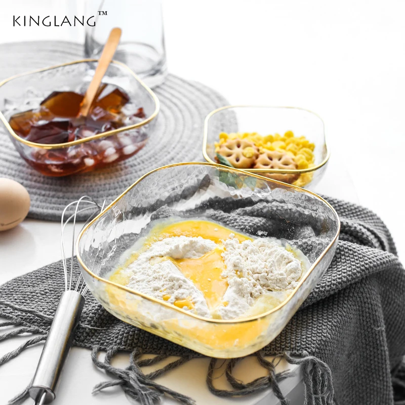

Nordic Light Luxurious Hammer Glass Western-Style Gold Edge Bowl Salad Soup Bowl Square Phnom Penh Dessert Bowl