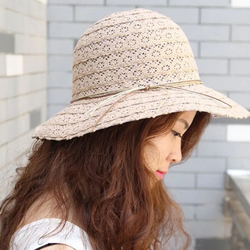 Для женщин кружева полые соломы Кепки Большой Брим складная шляпа летние женские элегантные дорожные Кепки s женский Рыбак солнца Шапки CP0200