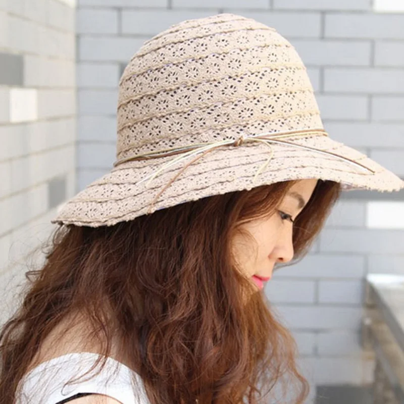 Women Lace Hollow Straw Cap Large Brim Foldable Hat Summer Ladies Elegant Travel Caps Female Fisherman Sun Hats CP0200 (4)