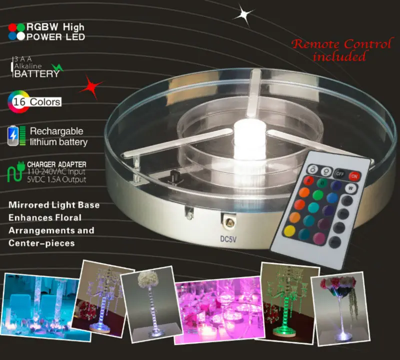 Base de Luz Prata para Debaixo do Vaso Decoração do Casamento de Iluminação Conduziu a Luz do Ponto de 8 Bateria Recarregável Operado Levou Rgbw Polegadas 4em1 14 High Quality battery operated
