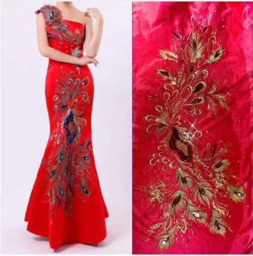 

65X130cm Large Phoenix Tail Embroidery Sequin Applique On Mesh Cloth Raw Material For Classic Qipao Evening Dress DIY Patches