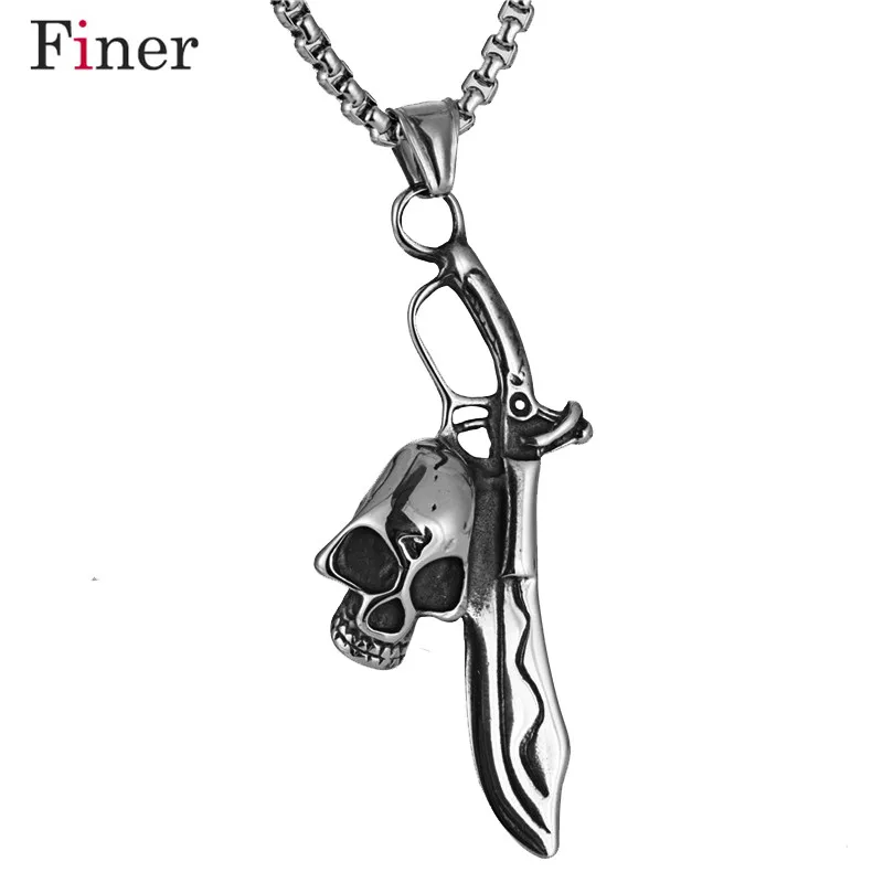 

Hot Sale Men Stainless Steel Skull With Knife Pendant Fashion Skeleton Charms Gothic Biker Punk Necklace For Men gift