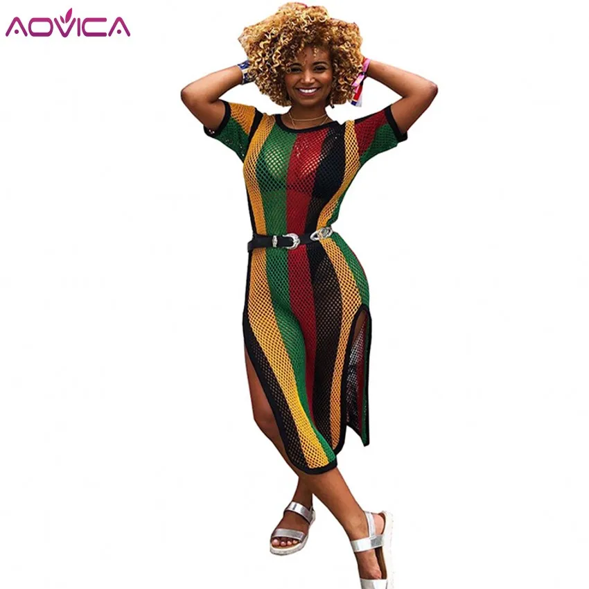 

Aovica Special Design 2018 New Popular Casual Style Women Dress Striped Hollow Out O-neck Short Sleeve Midi Dress Vestidos