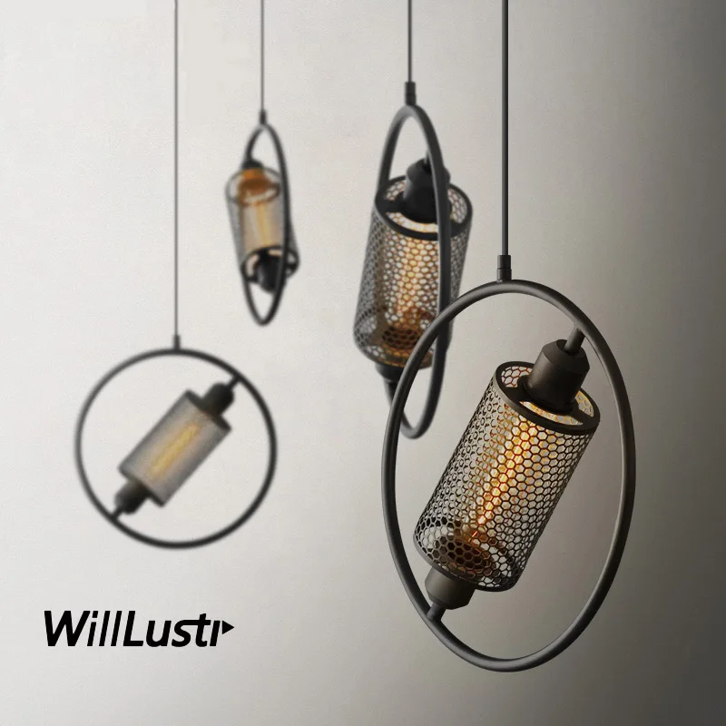 

Creative Iron Ring Pendant Lamp Round Net Hanging Light Dinning Room Hotel Restaurant Bar Cafe Industrial Suspension Lighting