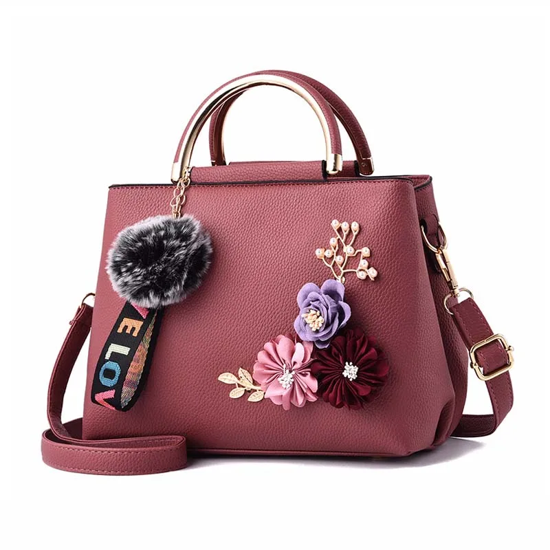 Women Flower Leather Handbag Holiday Female Pompom Clutch Bags Lady Travel Casual Shoulder Bag Exquisite Crossbody SS7001 (8)