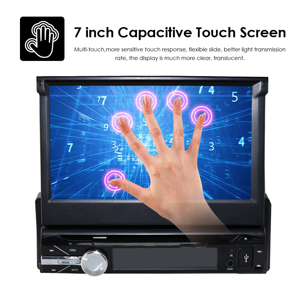 Top Single 1 Din Car DVD Player Universal Car Radio Stereo Headunit With RDS Bluetooth Touch Screen+ Rear Camera+Map 7