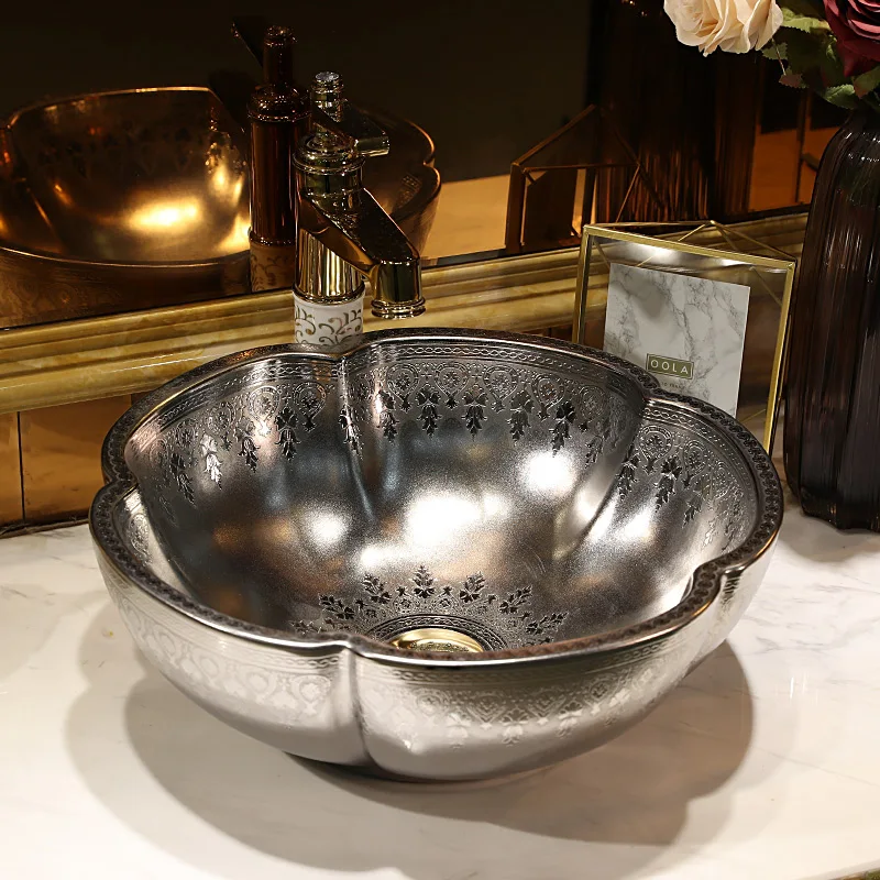 

Europe style China Handmade Lavabo Washbasin Artistic countertop ceramic bowl sinks silver ceramic wash basin Bathroom Sink