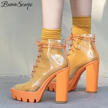 

Buono Scarpe Women Summer Boots High Heels Ankle Boots Transparent Pvc Platform Shoes Female Square Toe Lace Up Shoes Ladies New