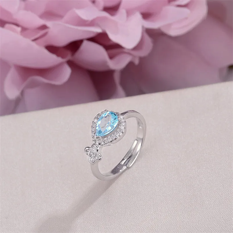 

Natural 7*5mm Topaz Gemstone Rings For Women 100% Sterling Silver Blue Water Drop Gems Elegant Ring Accessories R-TO012