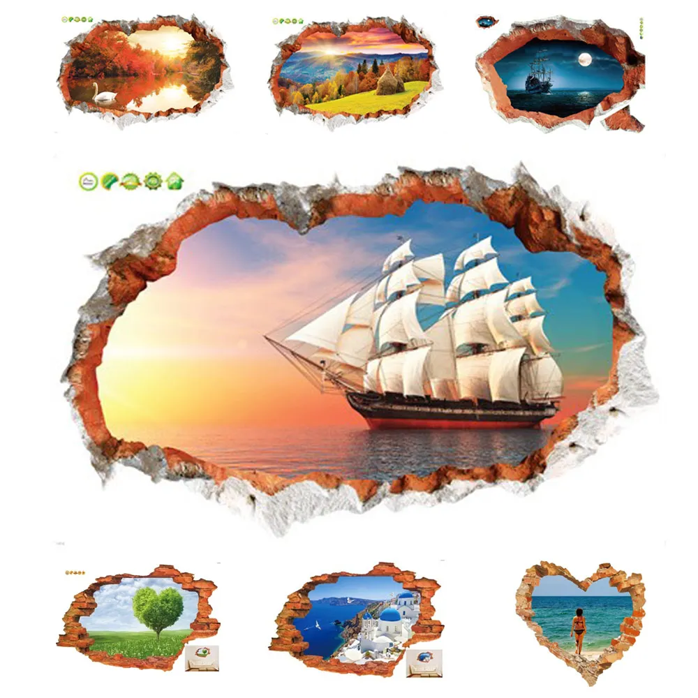 

Sea Wall Sticker Sunset Boating Bedroom Poster House Door Broken Hole Senery Quarto Mural Wall Decal Home Decor