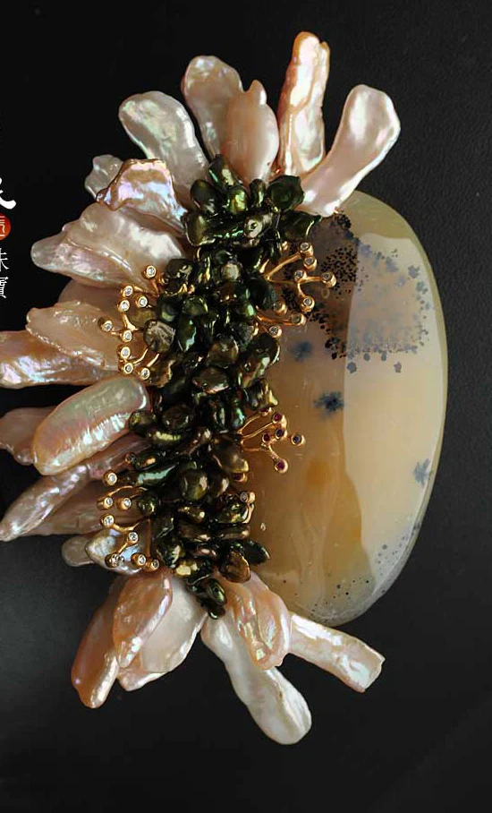 

Natural Semi-precious Stone Brooch Pins Pendant With Freshwater Pearls irregular Free Shipping