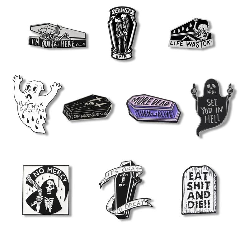 Эмалированные булавки в стиле панк с надписью «гроб», черный, белый надгробный камень, привидение, грим, жнец, броши для женщин на Хэллоуин, нагрудные значки, ювелирные изделия