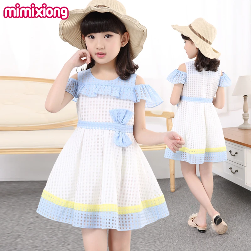 

mimixiong 2017 Summer Girls Flower Dress Knee High Blue Kids Short Sleeve One Piece Sundress Children's Elegant Princess Dresses