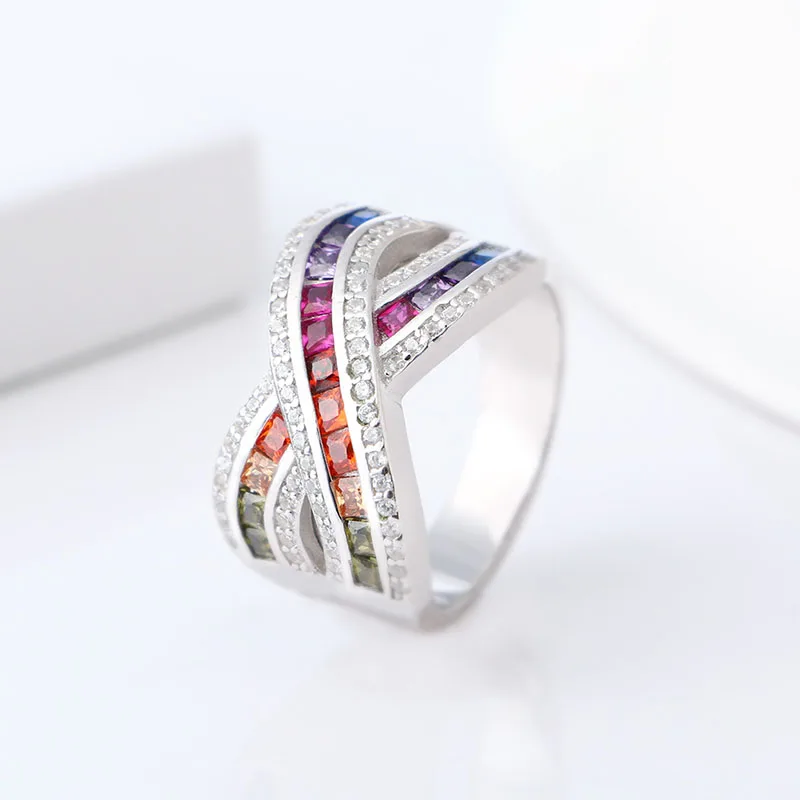 Fashion Solid 925 Sterling Silver Ring for Women Cross X Shape Exquisite Rainbow Ring Zirconia Micro Paved Silver Jewelry