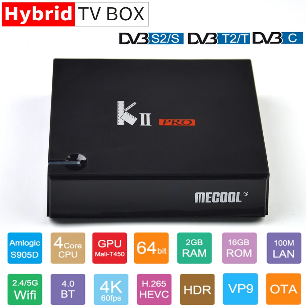 ТВ приставка MECOOL KII PRO четырехъядерный процессор Amlogic S905D 64 бит Android 2 ГБ + 16 DVB S2 T2