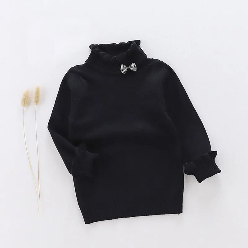 Sweet Cute Female Baby Knit Sweater Solid Color Children's Thin Sweater Lace Collar Bow Children's Sweater - Цвет: Черный