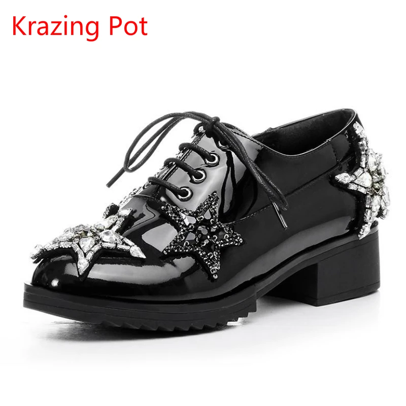 2018 Fashion Genuine Leather Brand Shoes Thick Heel Platform Preppy Style Loafer Women Crystal Star Pumps Solid Lace Up Shoe L55 2018 Fashion Genuine Leather Brand Shoes Thick Heel Platform Preppy Style Loafer Women Crystal Star Pumps Solid Lace Up Shoe L55