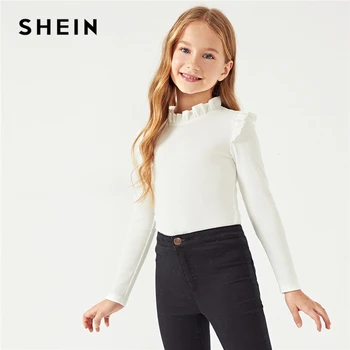 SHEIN White Solid Girls Frilled Neckline Casual Kids T-Shirt Girls Tops 2019 Spring Long Sleeve Ruffle Cute T-Shirts For Girls 1