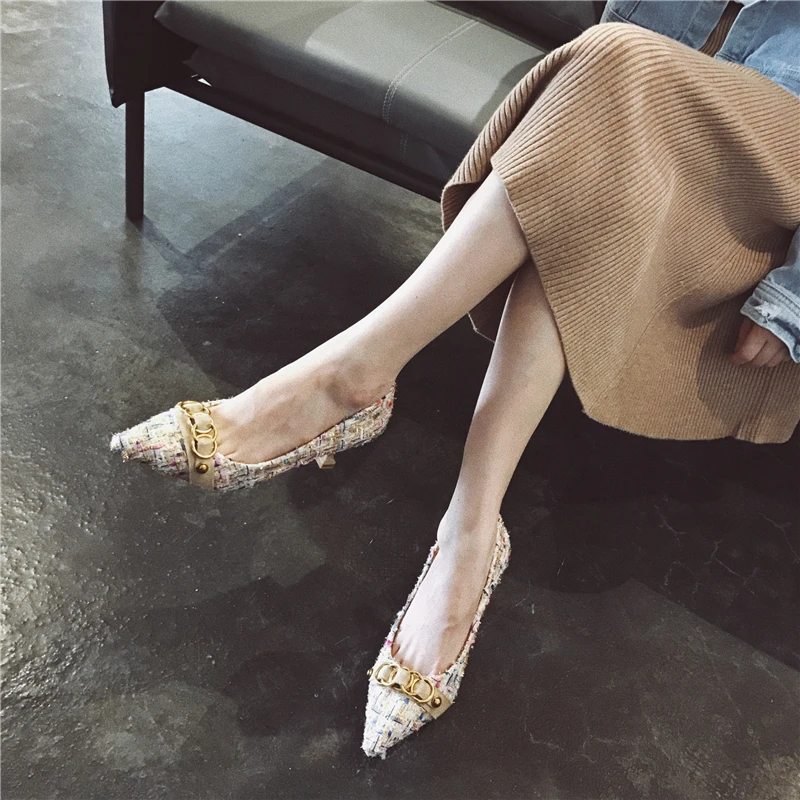 

2018 Fall and winter models fight color plus velvet warm shallow mouth wild metal buckle with heels cotton shoes single shoes wo