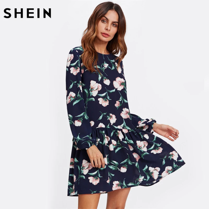 Aliexpress.com : Buy SHEIN Allover Flower Print Drop Waist Dress Ladies ...