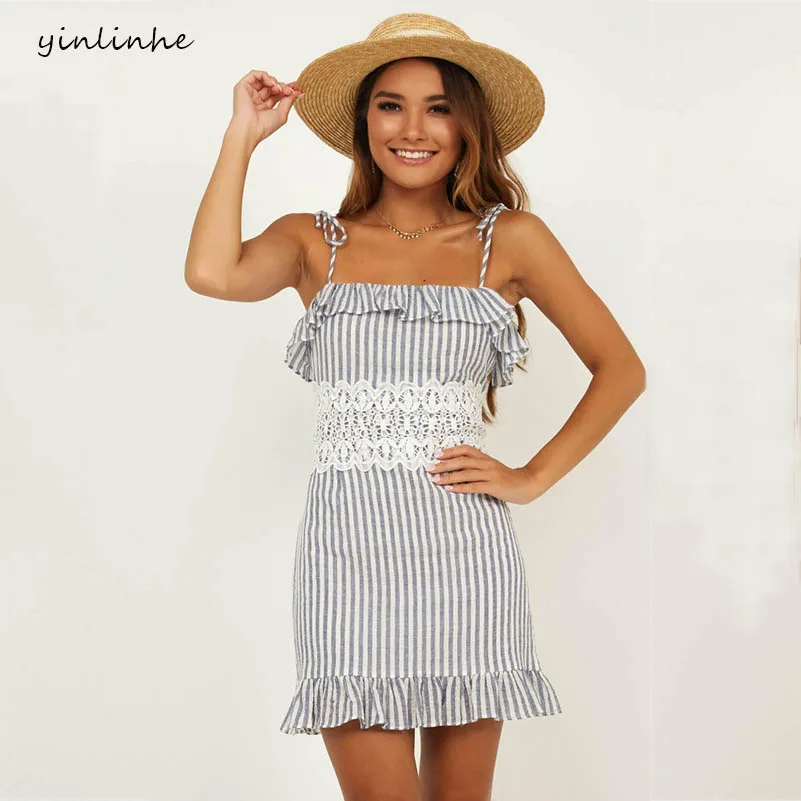 yinlinhe White Striped Dress Women Backless Strap Tied Summer Lace Patchwork 2019 Slim Sexy Bodycon Ruffles Vestido 978 | Женская одежда