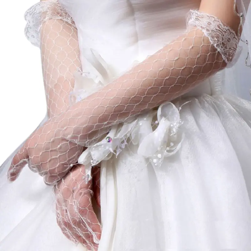 

Womens White Stretchy Elbow Length Long Gloves Full Finger Rhombic Mesh Floral Lace Trim See Through Prom Party