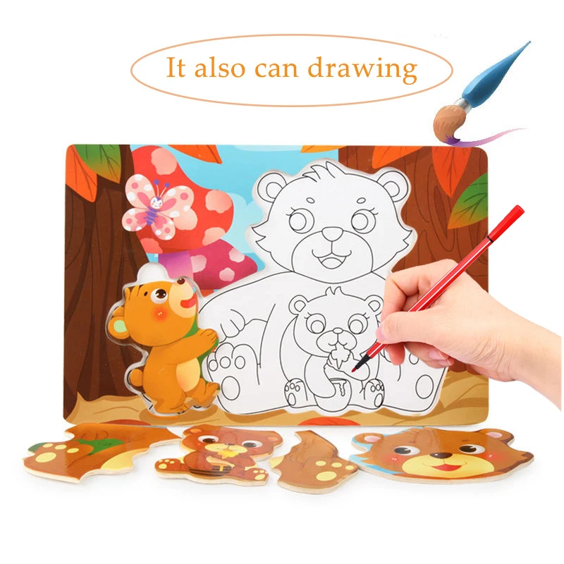 Montessori Educational Wooden Toys for Children Early Learning Puzzles Kids Intelligence Animal Shapes Matching and Drawing