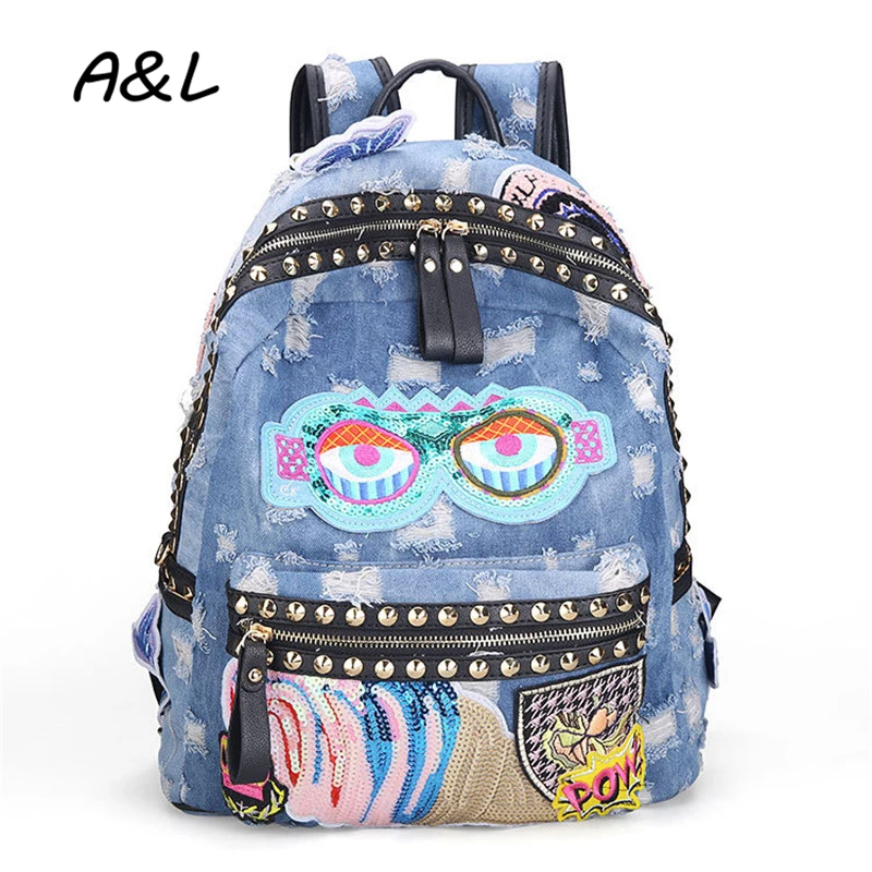 

Printing Backpack for Women Punk Rivet Denim Bag Vintage Fashion Men Hiking Travel Bag School Backpack Bookbag Sac Mochila A0124