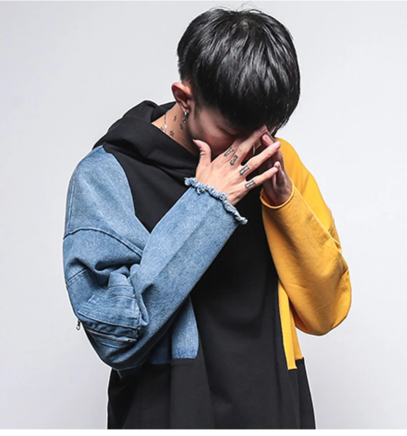 Patchwork Oversized Sweatshirt Men Fashion Long Hoodies Men  (13)
