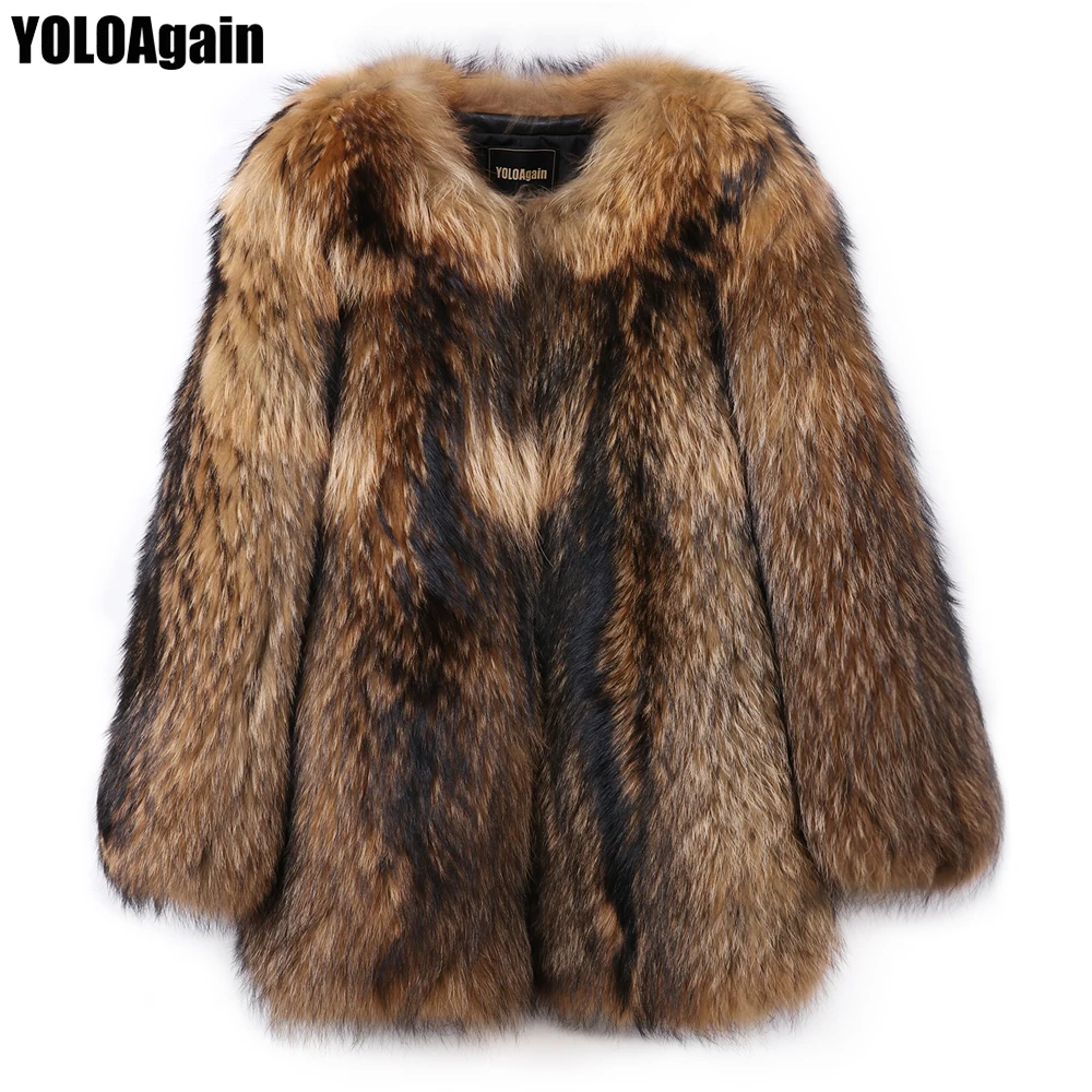 

YOLOAgain women real raccoon fur coat lady thick warm quality natural raccoon fur long coat