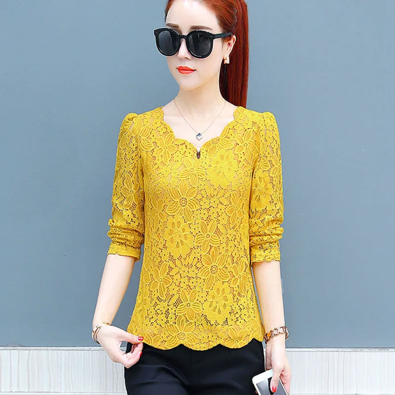 

Tops blusas feminina korean spring autumn women vestidos sweet loose long sleeve yellow lace shirts female DF2247