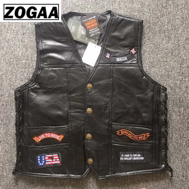 Black Genuine Leather Motorcycle Rider Vest Men Punk Retro Classic Style 14 Patches Motorcycle Jacket Men Vest Clothing