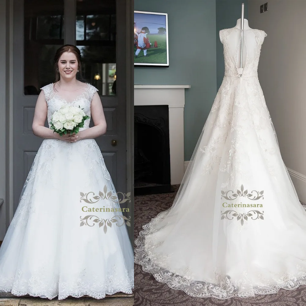

Charming A Line 2019 Women Wedding Dress Chapel Train Bride Gown Girl Bridal Party Illusion Lace with Plus Size Cap Sleeves