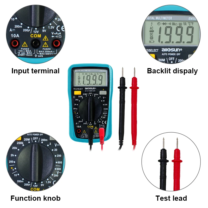 all-sun EM3301/EM3302 Цифровой мультиметр карманный портативный AC/DC Амперметр Напряжение ом тестер Ток Ом с подсветкой
